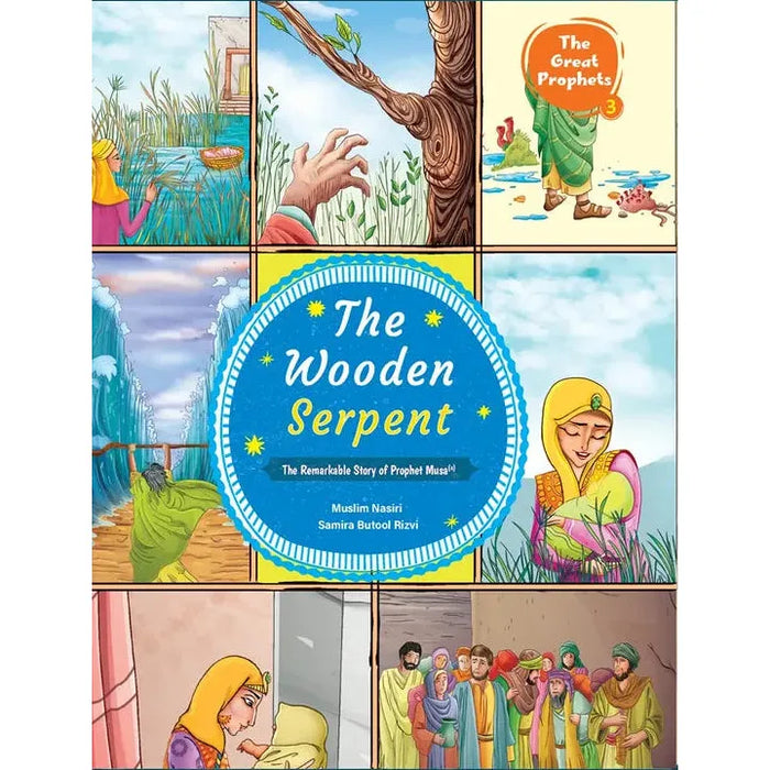 Children's book titled 'The Wooden Serpent' with colorful illustrations on a blue background.