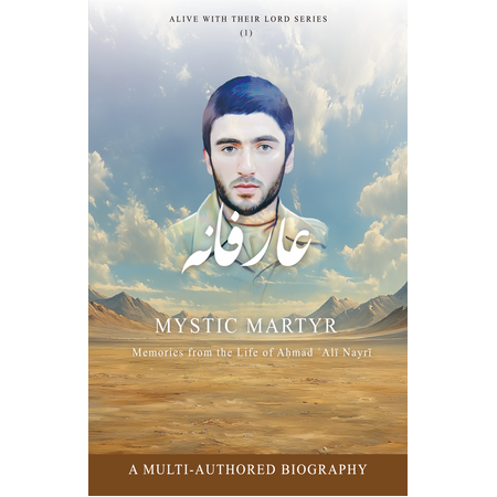 Book cover of 'Mystic Martyr' with a desert landscape and a man's face.